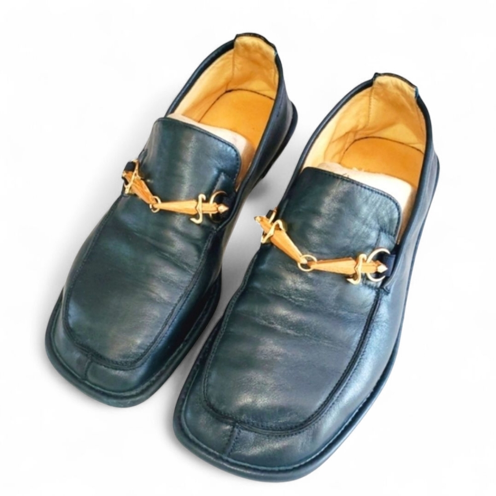 CESARE PACIOTTI Navy Blue Square Toe Leather Slip-on Luxury Loafers‎ Size 37